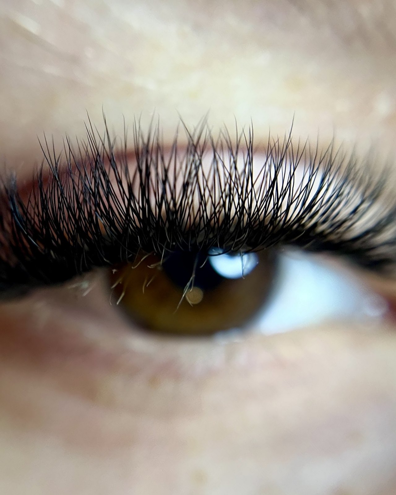 Volume wimperextensions boven een bruin oog